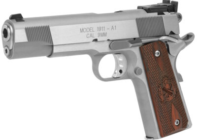 SPRINGFIELD ARMORY 1911 LOADED TARGET *CA Compliant 9mm Luger 5″ 9+1 Stainless Steel Frame Stainless Steel with Front & Rear Serrations Slide Crossed Cannon Cocobolo Grip with Adjustable Sights